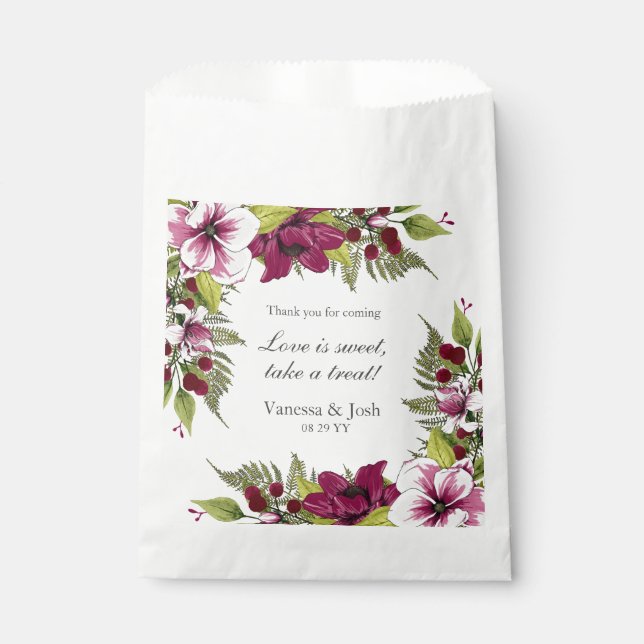 Elegant Magenta White Florals and Green Botanicals Favour Bags (Front)