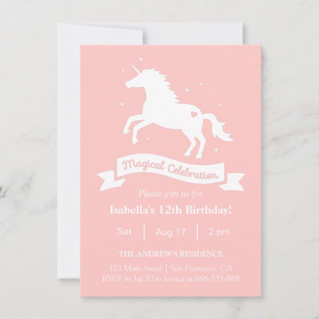 Elegant Magical Unicorn Girls Birthday Party Invitation (Front)