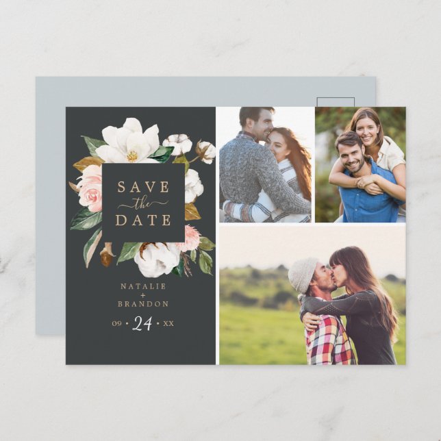 Elegant Magnolia | Black 3 Photo Save the Date Invitation Postcard (Front/Back)
