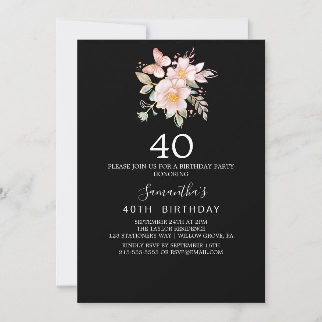 Elegant Magnolia | Black and White 40th Birthday  Invitation (Front)