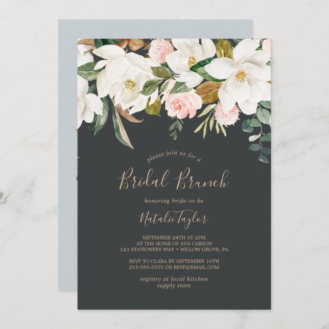 Elegant Magnolia | Black and White Bridal Brunch Invitation (Front/Back)