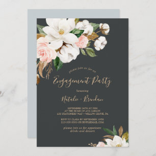 Elegant Magnolia Black and White Engagement Party Invitation