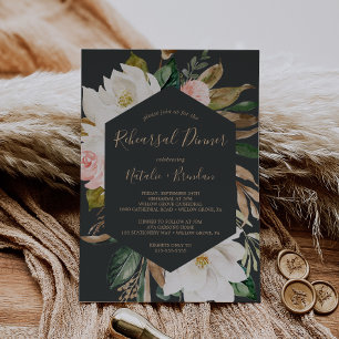 Elegant Magnolia Black and White Rehearsal Dinner Invitation