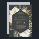 Elegant Magnolia | Black and White Wedding Invitation<br><div class="desc">This elegant magnolia black wedding invitation card is perfect for a modern classy wedding. The moody floral design features watercolor blush pink peonies,  stunning white magnolia flowers with gold and green leaves in a luxurious arrangement on a dark background.</div>