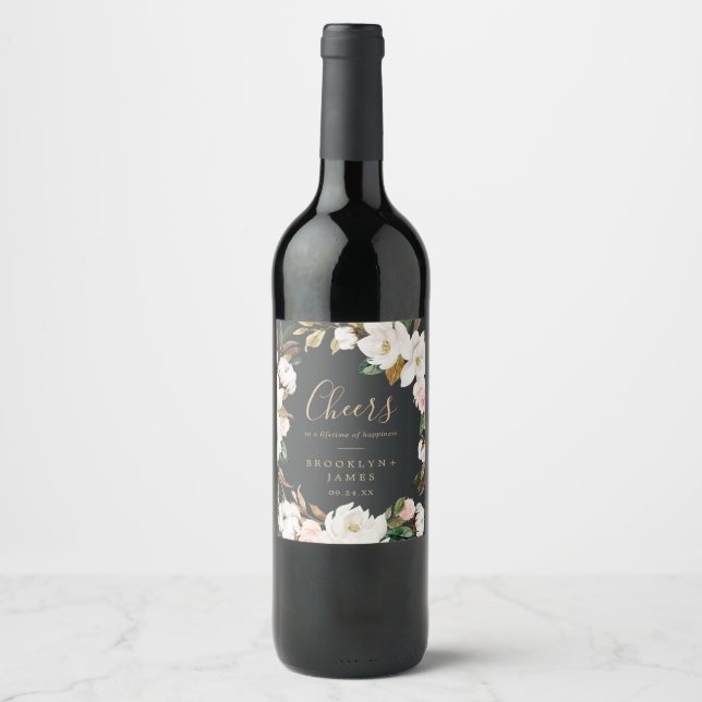 Elegant Magnolia Black Cheers Wedding Wine Labels (Front)