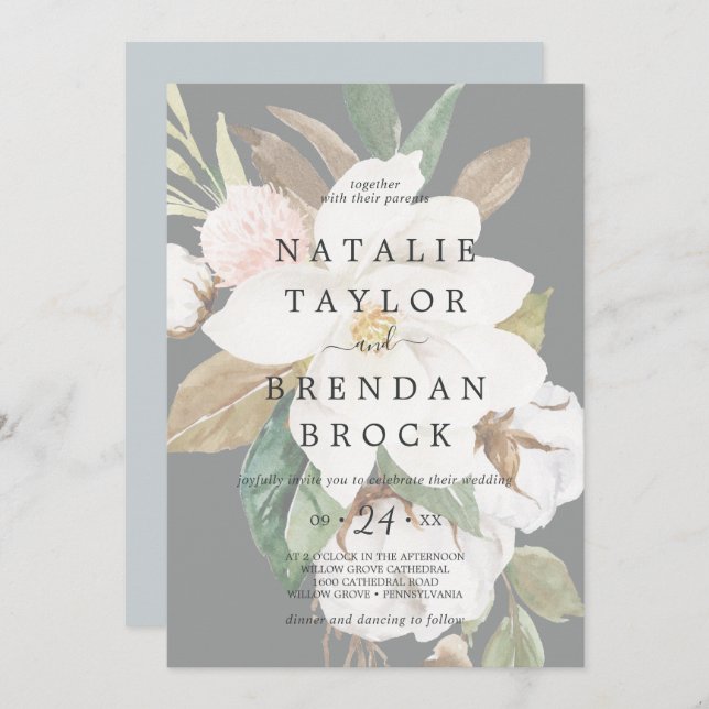 Elegant Magnolia | Black Faded Floral Wedding Invitation (Front/Back)