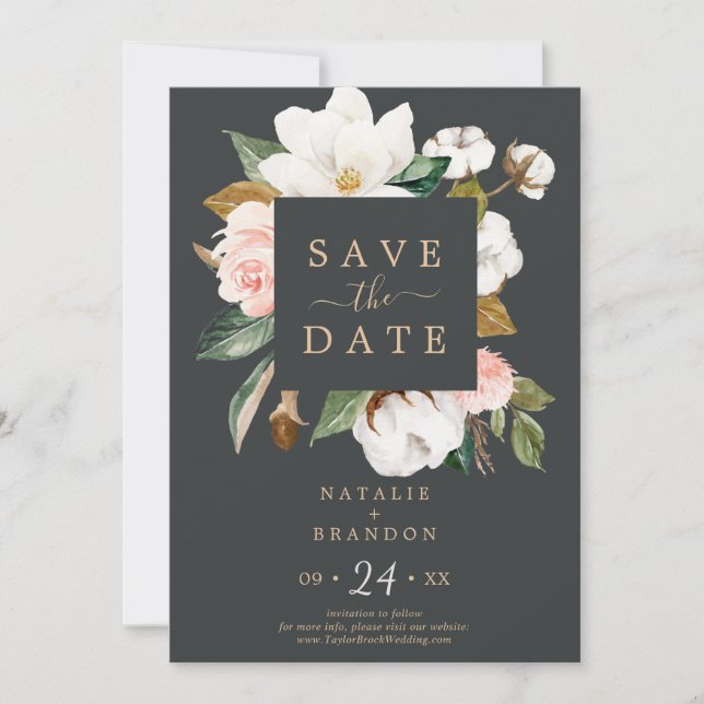 Elegant Magnolia | Black Save the Date Card (Front)