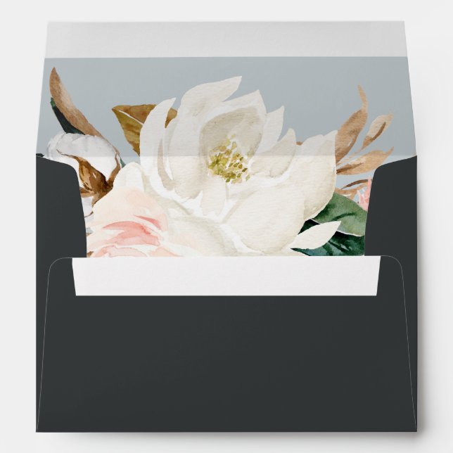 Elegant Magnolia | Black Wedding Invitation Envelope (Back (Bottom))