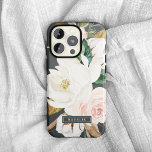 Elegant Magnolia | Black & White Personalised Name Case-Mate iPhone Case<br><div class="desc">This elegant magnolia black and white personalised name phone case is the perfect gift for her. The moody floral design features watercolor blush pink peonies, stunning white magnolia flowers and cotton with gold and green leaves in a luxurious arrangement on a dark background. Personalise the case with her first or...</div>