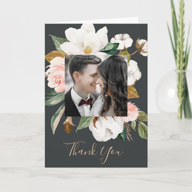 Elegant Magnolia Black & White Photo Thank You Card (Front)