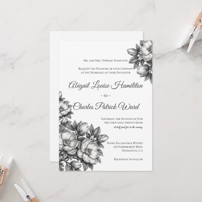 Elegant Magnolia Blossom Wedding Invitation (Front/Back In Situ)