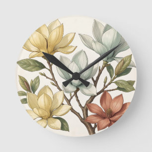 Elegant Magnolia Blossoms Cream Yellow Terracotta Round Clock