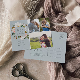 Elegant Magnolia Blue Grey 3 Photo Save the Date Invitation Postcard