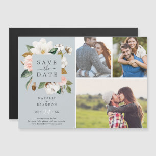 Elegant Magnolia Blue Grey 3 Photo Save the Date Magnetic Invitation