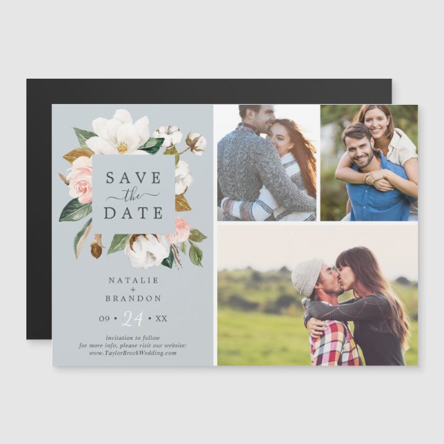 Elegant Magnolia | Blue Grey 3 Photo Save the Date Magnetic Invitation (Front/Back)