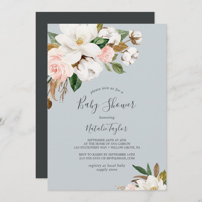 Elegant Magnolia | Blue Grey Baby Shower Invitation (Front/Back)