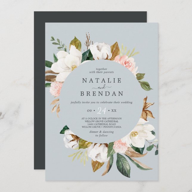 Elegant Magnolia | Blue Grey Casual Wedding Invitation (Front/Back)