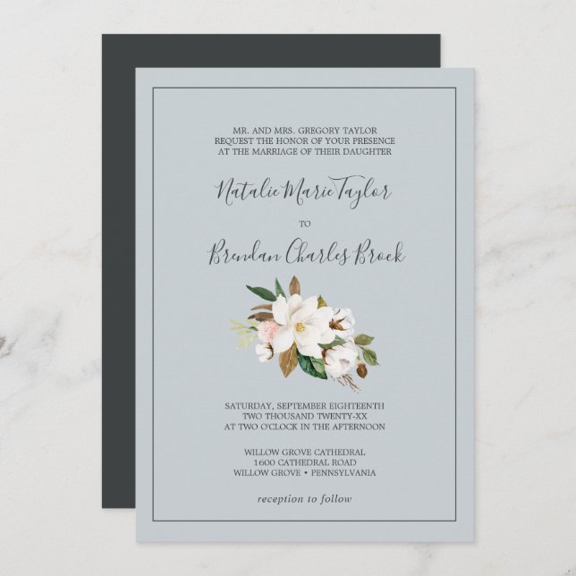 Elegant Magnolia | Blue Grey Formal Wedding Invitation (Front/Back)