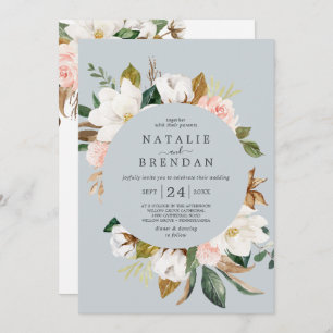 Elegant Magnolia Blue Grey Front & Back Wedding Invitation