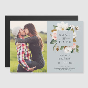 Elegant Magnolia   Blue Grey Photo Save the Date Magnetic Invitation