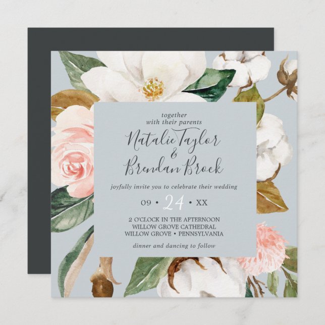 Elegant Magnolia | Blue Grey Square Wedding Invitation (Front/Back)