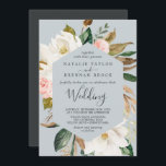 Elegant Magnolia | Blue Grey Wedding Invitation<br><div class="desc">This elegant magnolia blue grey wedding invitation card is perfect for a modern classy wedding. The soft floral design features watercolor blush pink peonies,  stunning white magnolia flowers with gold and green leaves in a luxurious arrangement on a light blue grey background.</div>
