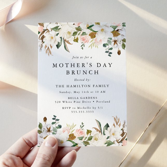Elegant Magnolia Blush Floral Mother's Day Brunch Invitation (Creator Uploaded)