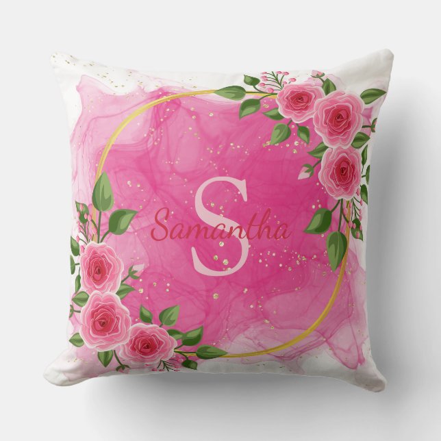 Elegant Magnolia | Blush Monogrammed Throw Pillow (Front)