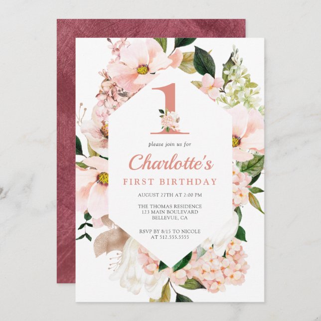 Elegant Magnolia Blush Pink Floral First Birthday Invitation (Front/Back)