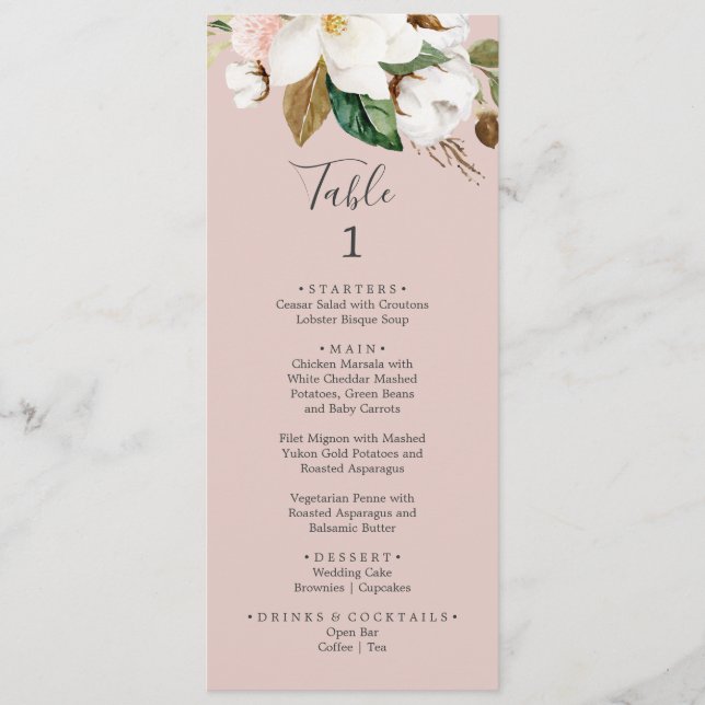 Elegant Magnolia | Blush Pink Table Number Menu (Front)