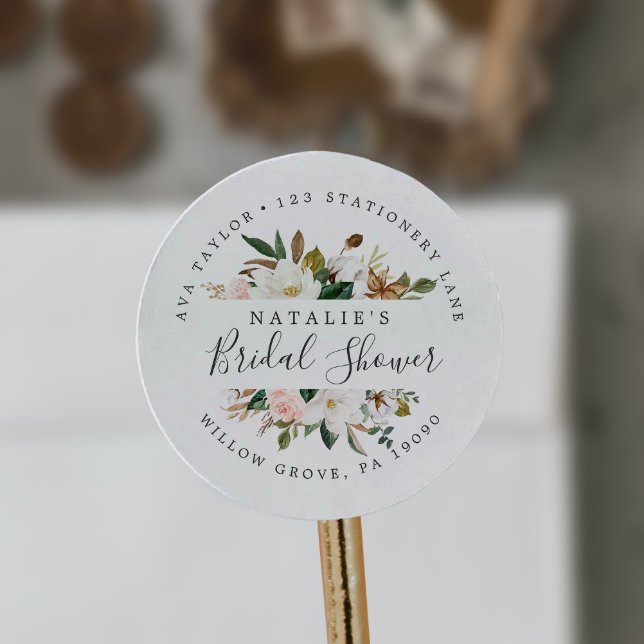 Elegant Magnolia Bridal Shower Return Address Classic Round Sticker (Creator Uploaded)