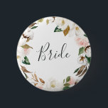 Elegant Magnolia Bride Bridal Shower 6 Cm Round Badge<br><div class="desc">This elegant magnolia bride bridal shower button is perfect for a modern classy wedding shower. The soft floral design features watercolor blush pink peonies,  stunning white magnolia flowers and cotton with gold and green leaves in a luxurious arrangement.</div>