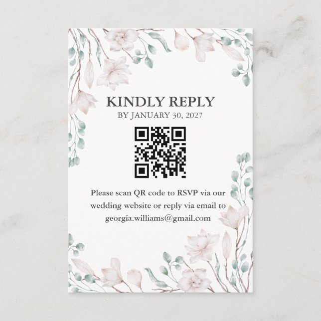 Elegant Magnolia Eucalyptus QR Code RSVP Enc Enclosure Card (Front)