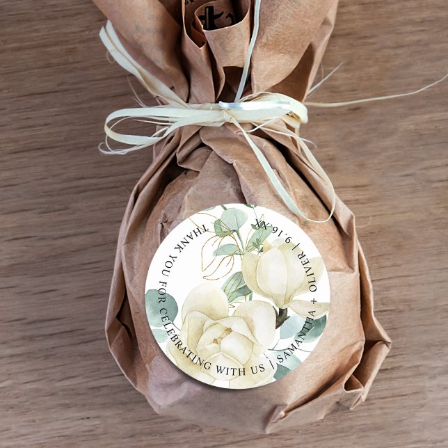 Elegant Magnolia Eucalyptus Thank You Wedding Classic Round Sticker (Elegant Magnolia Eucalyptus Thank You Wedding Classic Round Sticker)