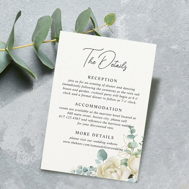 Elegant Magnolia Eucalyptus Wedding Details Enclosure Card (Elegant Magnolia Eucalyptus Wedding Details Enclosure Card)