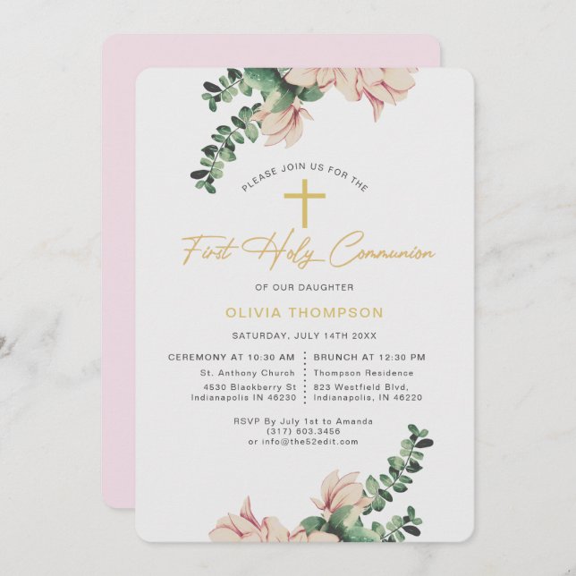 Elegant Magnolia Floral Blush First Communion Invitation (Front/Back)