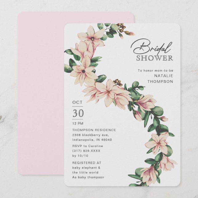 Elegant Magnolia Floral Blush Purple Bridal Shower Invitation (Front/Back)