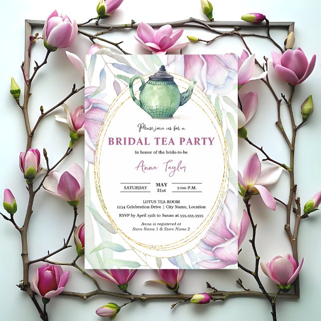 Elegant Magnolia Floral Bridal Tea Party Invitation (Elegant magnolia floral tea party invitation front.)