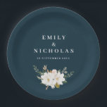 elegant magnolia floral navy blue wedding paper plate<br><div class="desc">A navy blue background colour and watercolor white magnolia flowers.</div>