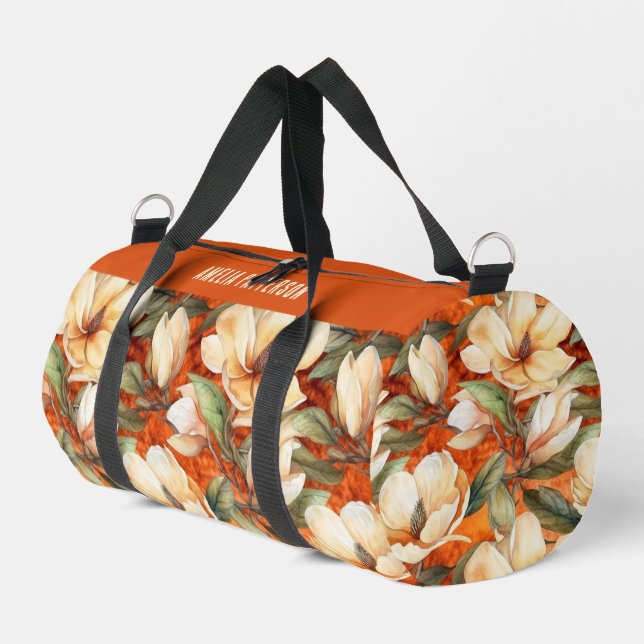 Elegant Magnolia Floral Pattern Personalised Name Duffle Bag (Left Corner)