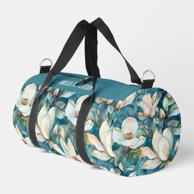 Elegant Magnolia Floral Pattern Personalised Name Duffle Bag (Left Corner)