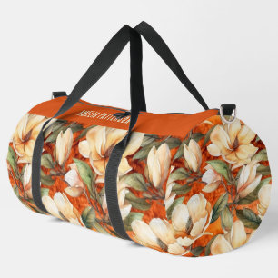 Elegant Magnolia Floral Pattern Personalised Name Duffle Bag