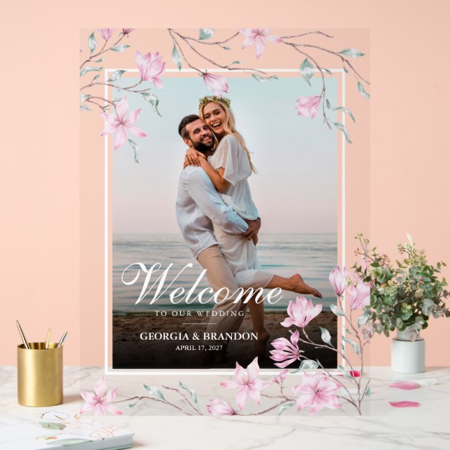 Elegant Magnolia Floral Photo Wedding Welcome  Acrylic Sign (Wedding)