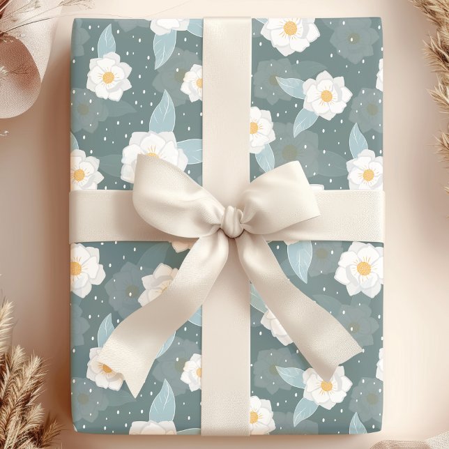 Elegant Magnolia Floral White Polka Dot Wrapping Paper (Creator Uploaded)