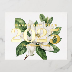 Elegant Magnolia Flower Happy New Year 2027 Gold Foil Holiday Postcard