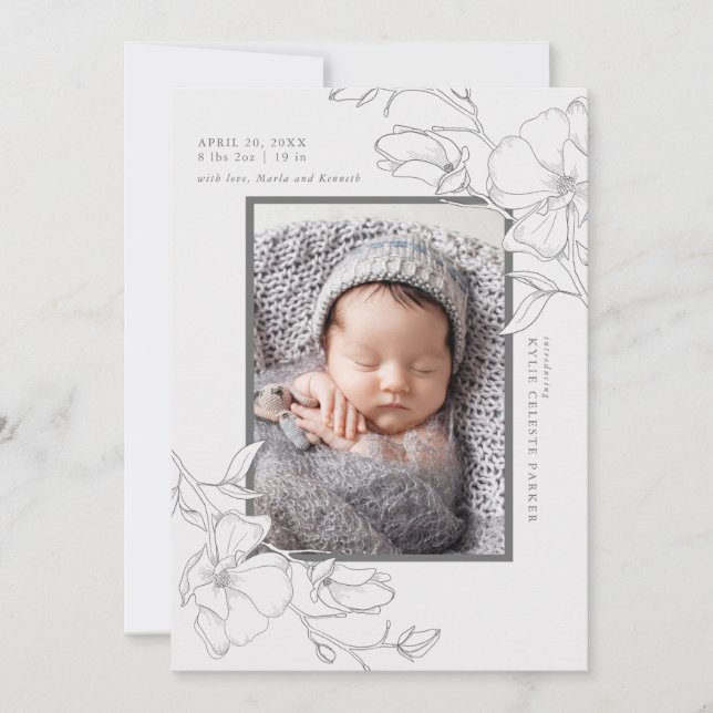 Elegant Magnolia Flower Photo Birth Announcement (Front)