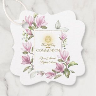 Elegant Magnolia Flowers Gold First Holy Communion Favour Tags