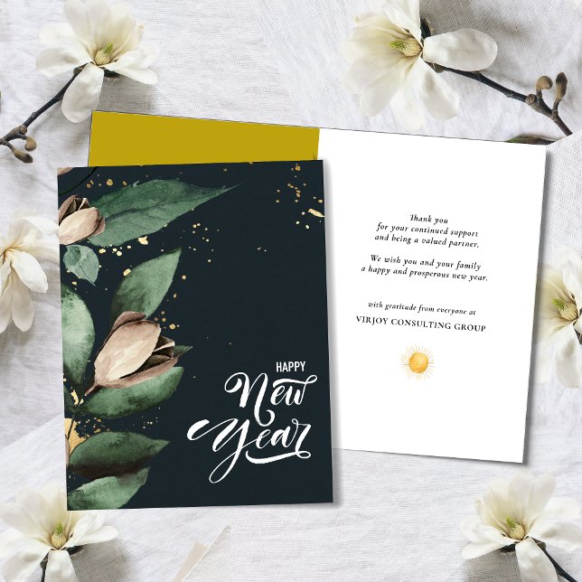 Elegant Magnolia Gold Confetti Foliage Corporate  Holiday Card (Creator Uploaded)