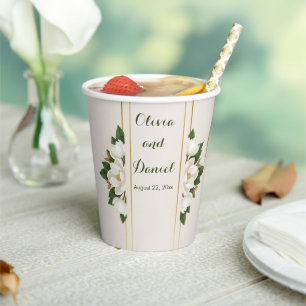 Elegant Magnolia & Gold Frame Wedding Paper Cups