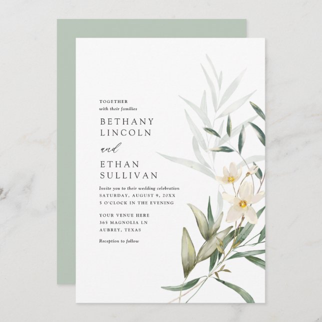 Elegant Magnolia Greenery Wedding Invitation (Front/Back)
